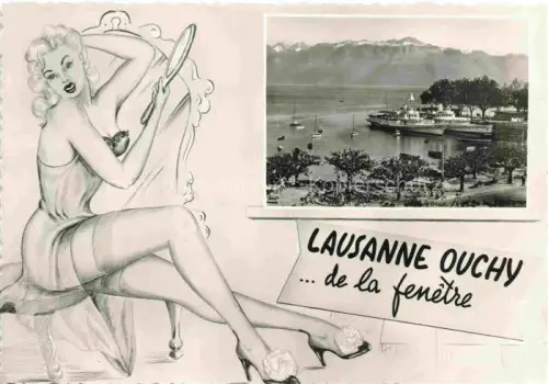 AK / Ansichtskarte Ouchy LAUSANNE VD Ouchy Hafen Dampfschiff Genfersee Alpen Pin-up-Zeichnung Promenade