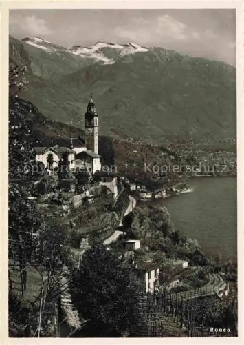AK / Ansichtskarte Ronco Ascona Locarno Lago Maggiore TI Kirche Kirchturm See Berge Weinberge Hangdorf Alpen