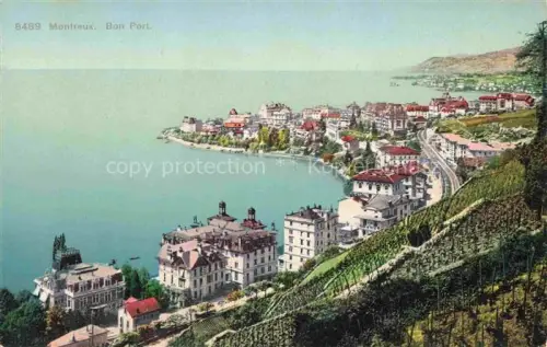 AK / Ansichtskarte MONTREUX  VD Bon-Port Genfersee Panorama Weinberg Hotels Stadt Ufer Berge Luftaufnahme