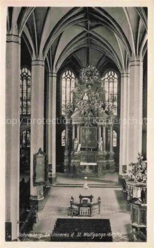 AK / Ansichtskarte Schneeberg Erzgebirge Sachsen St-Wolfgangs-Kirche Kircheninneres Altar Kirchenschiff Gewoelbe Kanzel