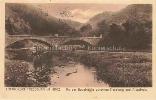 AK / Ansichtskarte Treseburg Thale Harz Sachsen-Anhalt Bodebruecke Bode Fluss Steinbruecke Harz Berge Frau Altenbrak