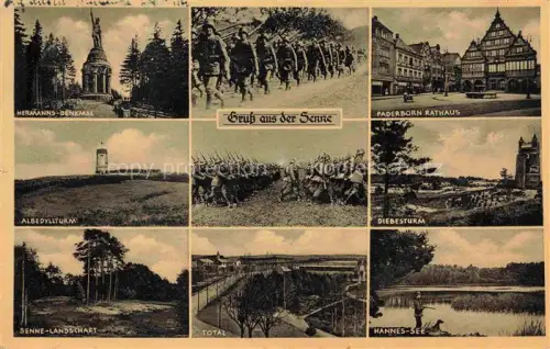AK / Ansichtskarte Sennelager Paderborn Militaercamp Hermanns-Denkmal Albedyllturm Diebesturm Senne-Landschaft Hannes-See Paderborn-Rathaus Soldaten Kiefernwald