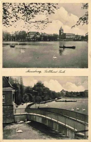 AK / Ansichtskarte Merseburg Saale Sachsen-Anhalt Gotthard-Teich Teich Schwaene Ruderboot Bruecke Ufer Kirchturm Baeume
