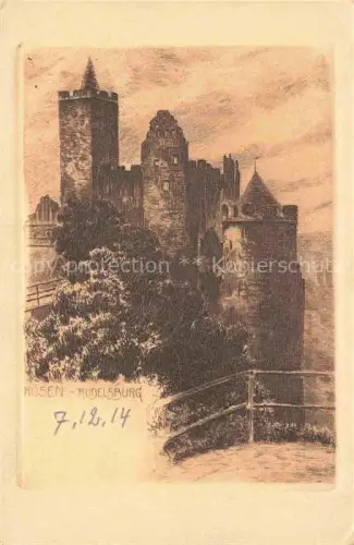 AK / Ansichtskarte Rudelsburg Rudelsburg Burganlage Tuerme Ruine Zeichnung Saale