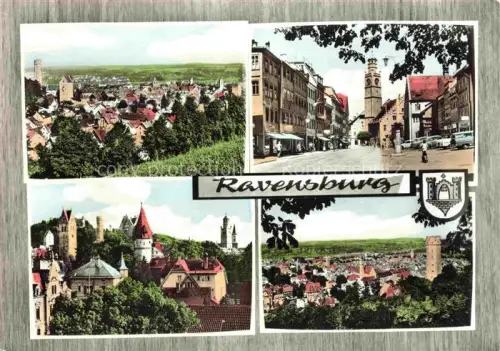 AK / Ansichtskarte RAVENSBURG  Wuerttemberg BW Stadtpanorama Altstadt Tuerme Marktstrasse Blaserturm Mehlsack Wappen