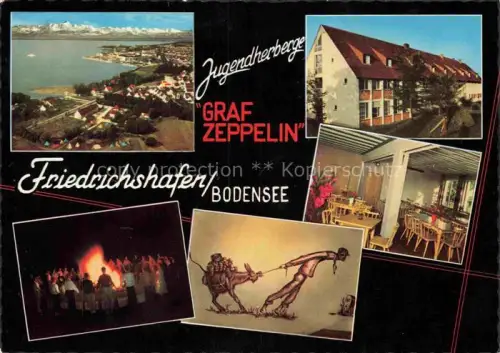 AK / Ansichtskarte FRIEDRICHSHAFEN Bodensee BW Graf-Zeppelin-Jugendherberge DJH Bodensee Lagerfeuer Speisesaal Fliegeraufnahme IBO-Messe