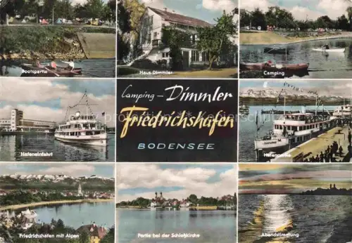 AK / Ansichtskarte FRIEDRICHSHAFEN Bodensee BW Camping-Dimmler Haus-Dimmler Hafeneinfahrt Hafenpartie Bodensee Schlosskirche Alpenpanorama Bootspartie Abendstimmung