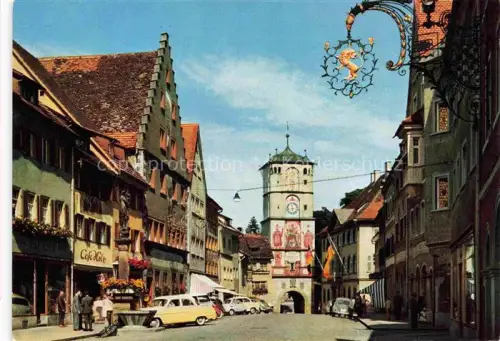 AK / Ansichtskarte Wangen Allgaeu Bayern Herrenstrasse Ravensburger-Tor Cafe-Hoelle Stadttor Wandmalerei Gassenszene Autos Wirtshausschild