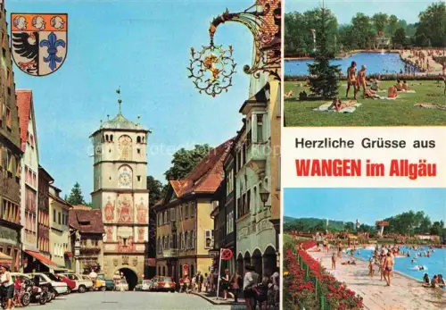 AK / Ansichtskarte Wangen Allgaeu Bayern Ravensburger-Tor Herrenstrasse Stadttor Wappen Freibad Altstadt Autos