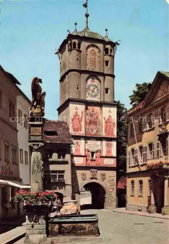 AK / Ansichtskarte Wangen Allgaeu Bayern Stadttor Uhr Fresko Adlerbrunnen Altstadt Fachwerkhaus Volkswagen Turm