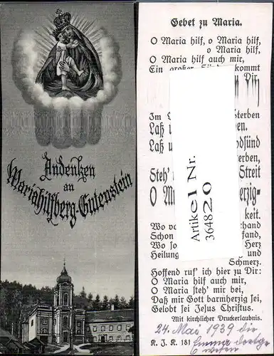 Andachtsbild Heiligenbildchen Gnadenmutter Mariahilfberg Gutenstein Gebet