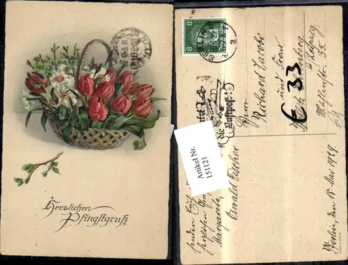Pfingsten Weidenkorb m. Blumen Tulpen 1929