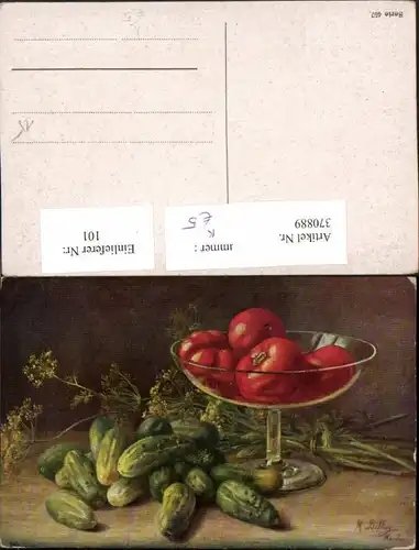 Künstler AK M. Billing Stillleben Gurken Tomaten Schale