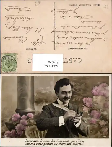 Mann Schreiben Feder Postkarte Ansichtskarte Spruch Postwesen