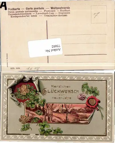 75602,Präge AK Neujahr Kleeblätter Blume Pracht Karte 