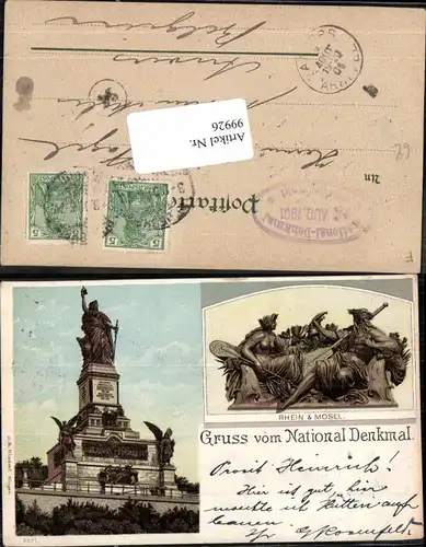 99926,Litho Gruss v. National Denkmal Bingen Niederwald Koblenz 1900