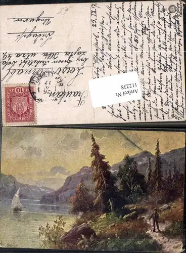 112238,L. Schweiger sign. jagd Jäger am Uferweg See Bäume See Künstlerkarte