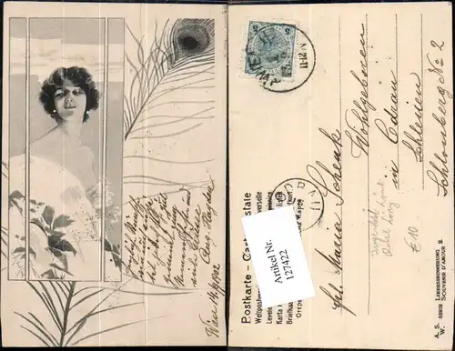 127422,Tolle Jugendstil Karte Frau Art Nouveau Feder Pfauenfeder sign. Robert Löwe Liebeserinnerung