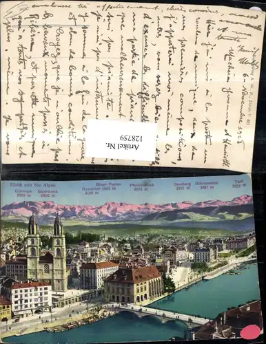 128759,Zürich u. d. Alpen Gipfelkarte Ansicht 1918 Kt. Zürich