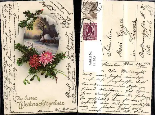 151635,Weihnachten Winterlandschaft Haus i. Rahmen m. Tannenzweig Blume verziert Glitzerschrift 