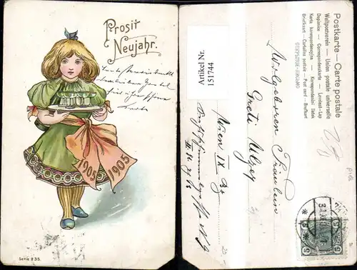 151744,Neujahr Mädchen m. Tablett m. Sektgläser Gläser Schleife 1905 