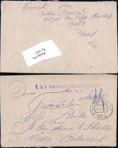 161932,K.K. Feldpost 388/III a Reserve Feldhaubitzreg 1 n. St Anton Jessnitz Scheibbs 70 Pt. Rainer