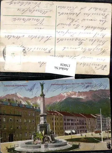 174428,Innsbruck Bahnhofplatz Vereinigungsbrunnen Ortsansicht m. Frau Hitt Gebirge