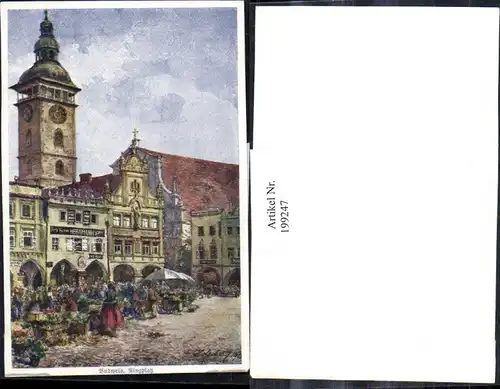 199247,Künstler AK E. F. Hofecker Budweis Ringplatz Markt Kirchenturm