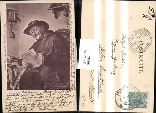 191962,Künstler AK Max Scholz Amüsante Zeitungslektüre Mann m. Hut u. Brille liest eine Zeitung pub Julius Kopp 645