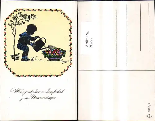 193278,Künstler Ak F. Kaskeline Scherenschnitt Silhouette Kind Junge Matrosenanzug Blumen Gießen Gießkanne Namenstag 