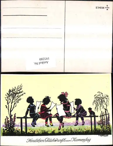 193280,Künstler Ak F. Kaskeline Scherenschnitt Silhouette Kinder b. Singen Notenblätter Blatt Papier Hund Namenstag 