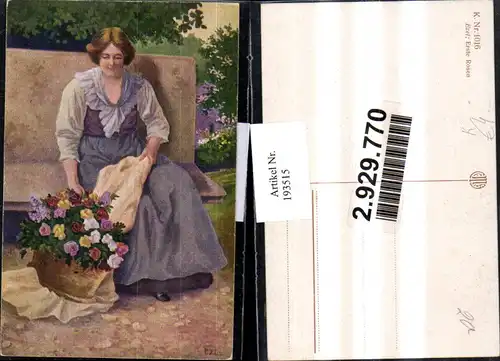 193515,Künstler AK Ezel 1016 „Erste Rosen“ Frau m. Kleid Rosen