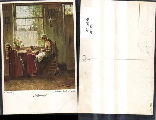 206397,Künstler Ak Meissner & Buch 2328 B. de Hoog Näherin Frau b. Nähen Kind Huhn 
