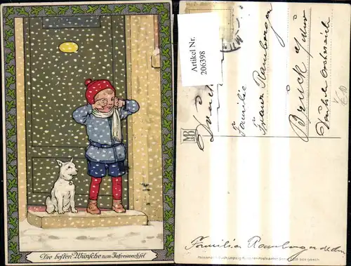 206398,Künstler Ak Meissner & Buch 2316 Kind Junge m. Hund i. Schnee v. Tür Jahreswechsel 