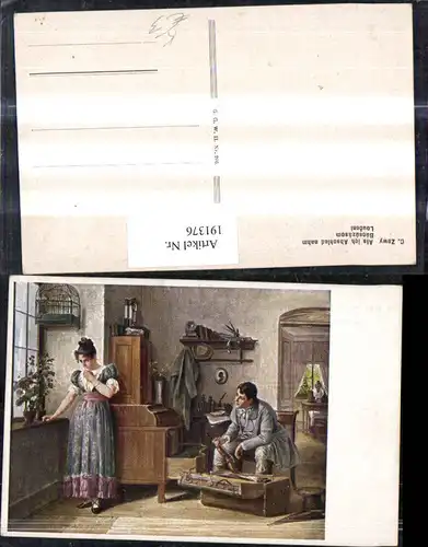 191376,Künstler AK C. Zewy „Als ich Abschied nahm“ Mann packt Koffer Frau weint Taschentuch Vogelkäfig