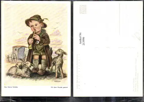 213996,Künstler AK Arnulf Erich Stegmann „Der kleine Schäfer“ Original m. d. Mund gemalt Junge m. Hut u. Flöte Sc