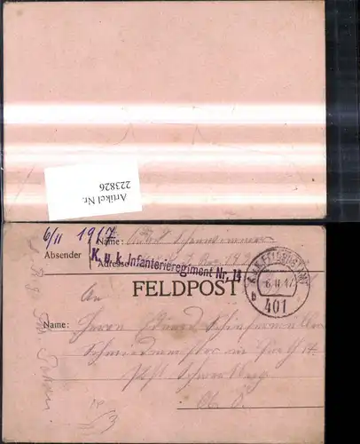 223826,K.k. Feldpost Feldpostamt 401 b K.k. Infanterieregiment 14 Schwertberg