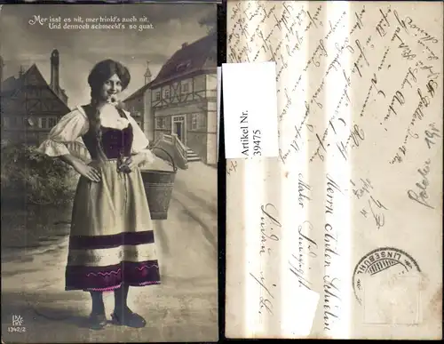 39475,Frau Portrait Zöpfe Dirndl Kleid m. Eimer Kübel Spruch Text 