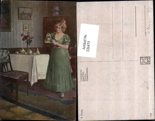 226475,Künstler AK R. Kratky Vorbereitung Frau m. Kleid Tassen Tisch Sessel