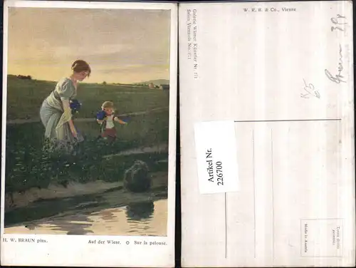 226700,Künstler AK H. W. Braun Auf d. Wiese Frau Mutter m. Kind b. Blumen pflücken Wiese