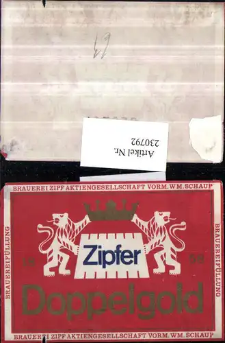 230792,Reklame Werbung Bier Etikett Zipfer Doppelgold seit 1858