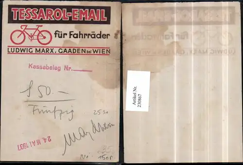 230867,Reklame Werbung Tessarol-Email Fahrrad Ludwig Marx Gaaden b. Wien