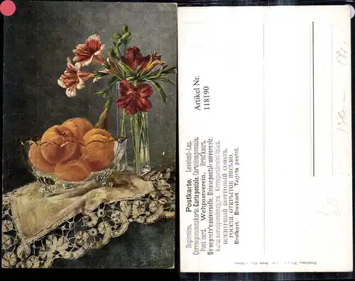 118190,Theo Stroefer Verlag 334 Künstler M. Billing Stillleben Orangen i. Glasschale Blumenvase Lilien 