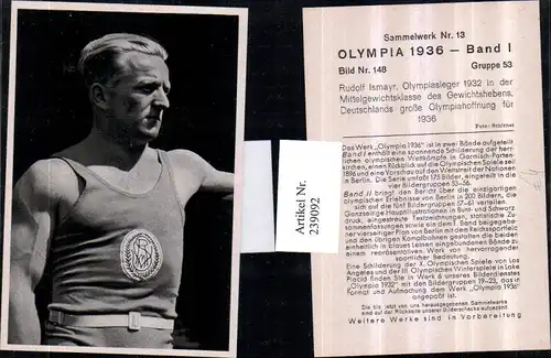 239092,Sammelbild Olympia 1936 Gruppe 53 Bild 148 Rudolf Ismayr Gewichtheber