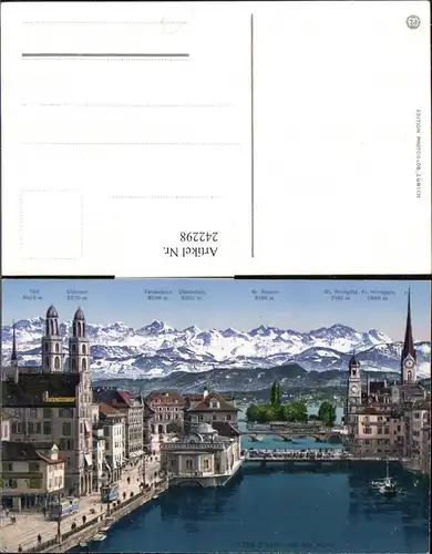 242298,Zürich Teilansicht Kirche Brücken und d. Alpen 