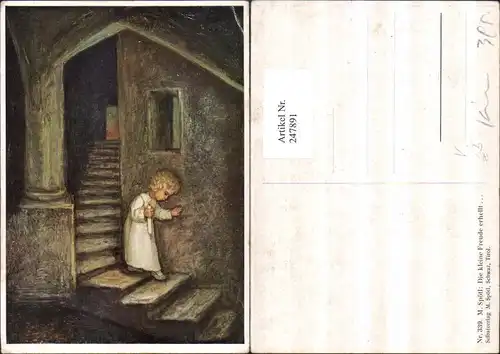 247891,Künstler AK M. Spötl 339 Die kleine Freude erhellt Kind m. Kerze Stiege Treppe