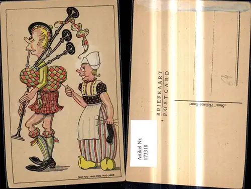 173318,Künstler Ak Sikko van der Woude Scherz Humor Frau Holland b Stricken zieht a. Faden Duddelsackspieler 