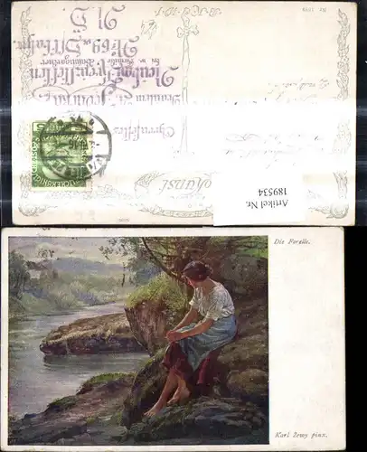 189534,Künstler Ak Karl Zewy Die Forelle Frau sitzt a. Ufer Stein Fluss Landschaft pub B.K.W.I. 1589