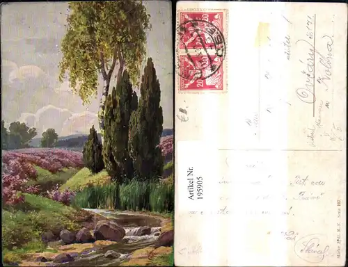 195905,Künstler Ak Robert Kämmerer Bach Fluss Landschaft Birke Bäume pub E.G.M.S. 107