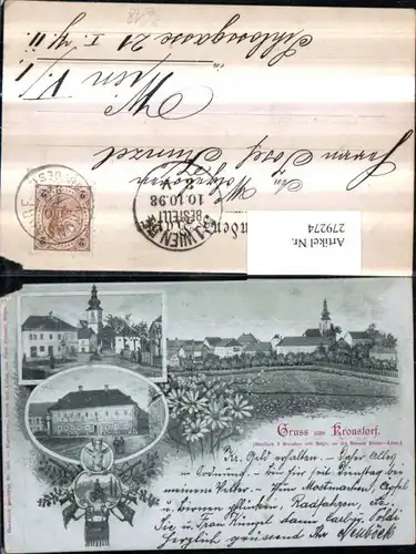 279274,Litho AK Gruß aus Kronstorf Totale Gasthof Kirche Radfahrer Mehrbildkarte